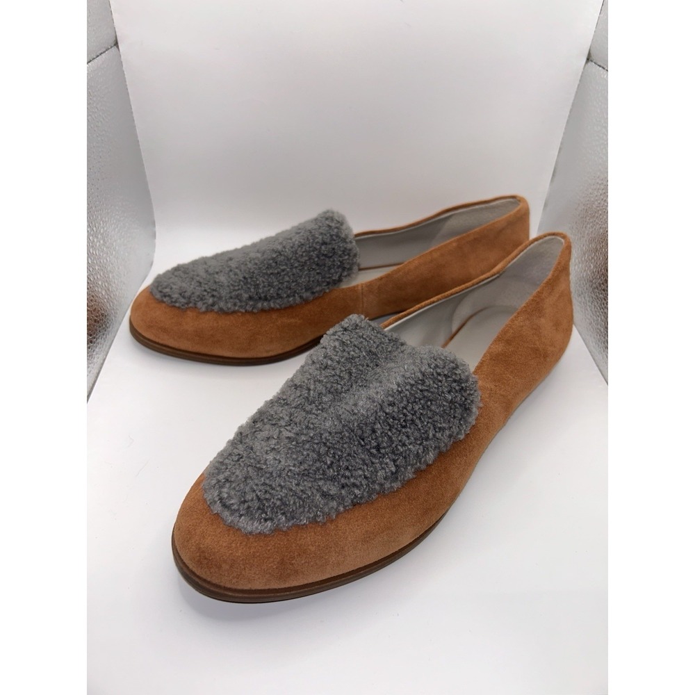 Lori Goldstein GREER Tan Suede Gray Faux Fur Loafer Flats Womens 8.5M 38.5